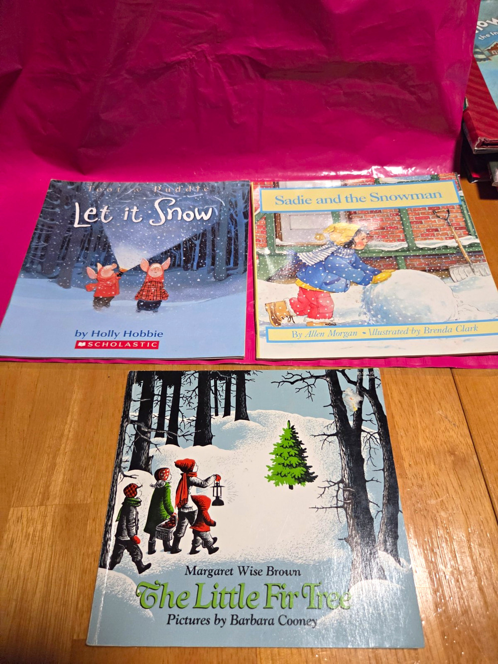 3 Kids Picture Books Lot: Let it Snow Sadie Snowman Little Fir Tree